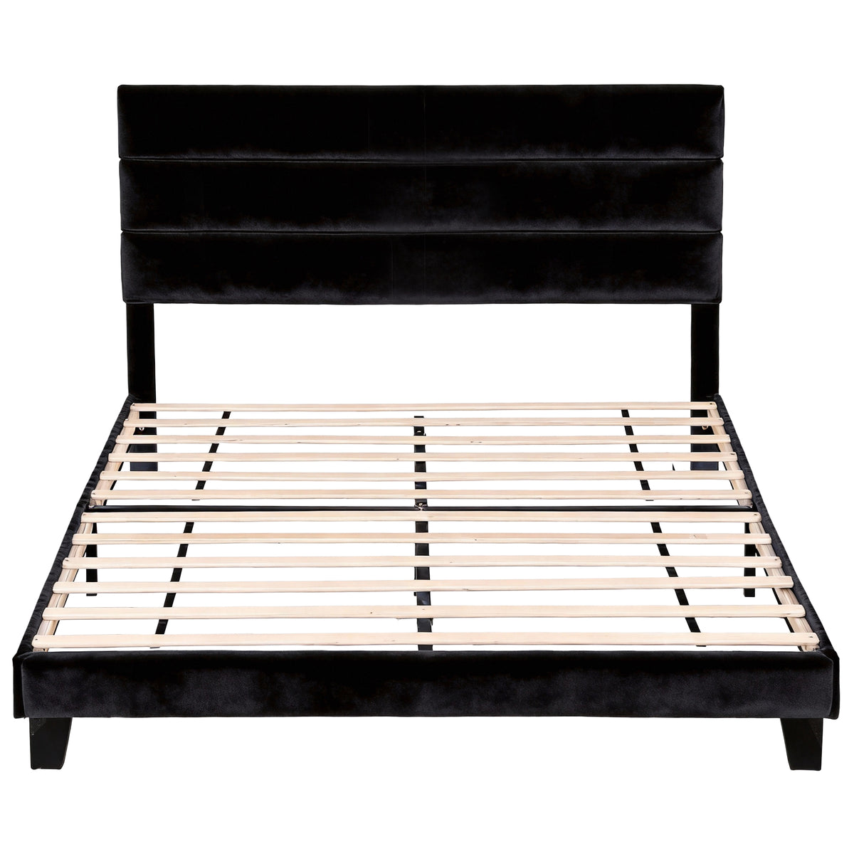 King Bed Frame | Upholstered Platform | Geometric Headboard | Black Velvet