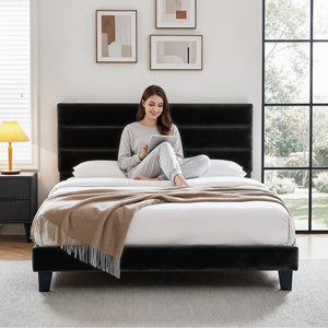 King Bed Frame | Upholstered Platform | Geometric Headboard | Black Velvet