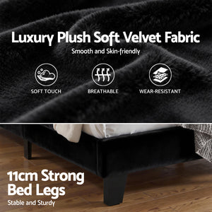 King Bed Frame | Upholstered Platform | Geometric Headboard | Black Velvet