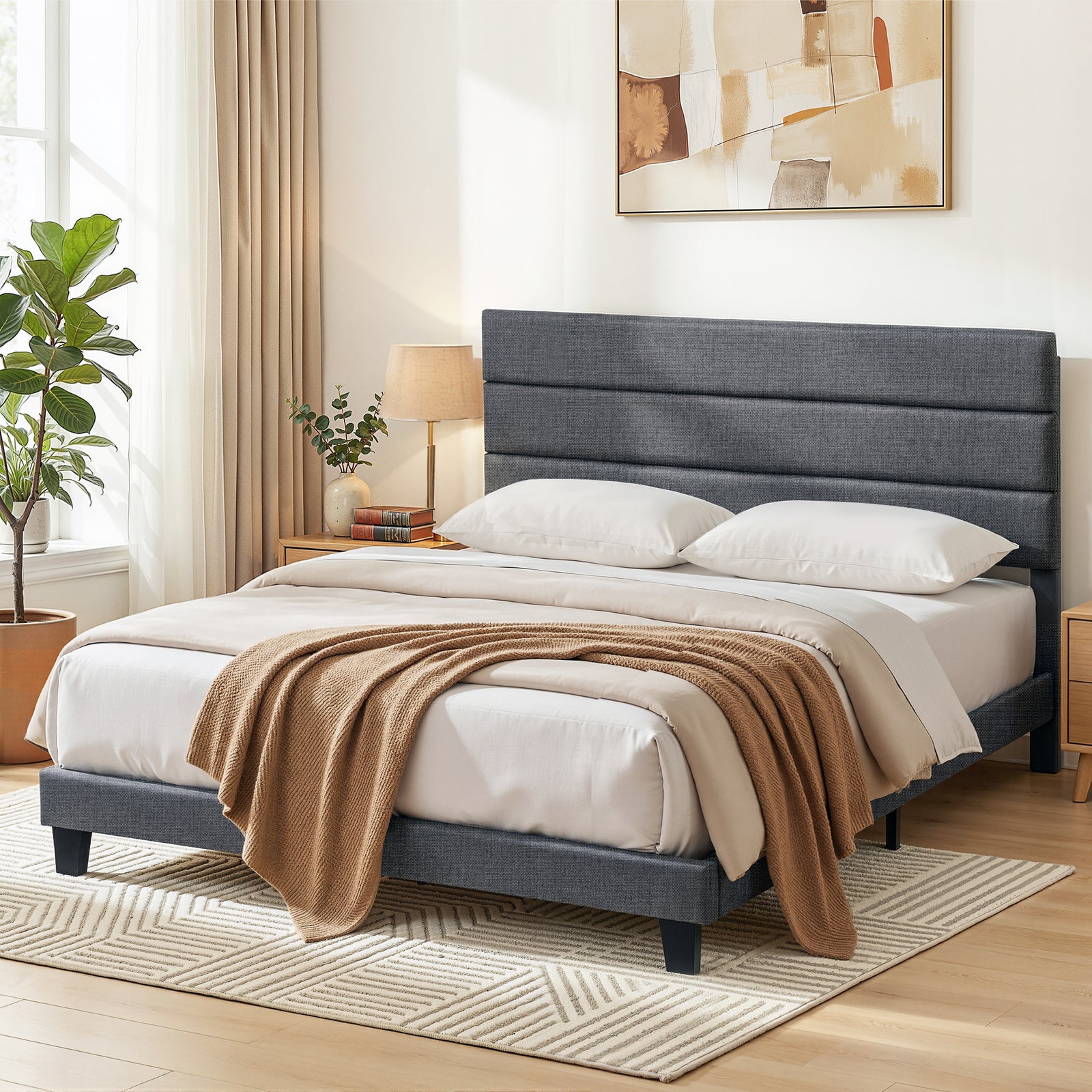 King Bed Frame | Upholstered Platform | Geometric Headboard | Charcoal Grey Linen