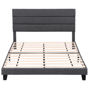 King Bed Frame | Upholstered Platform | Geometric Headboard | Charcoal Grey Linen