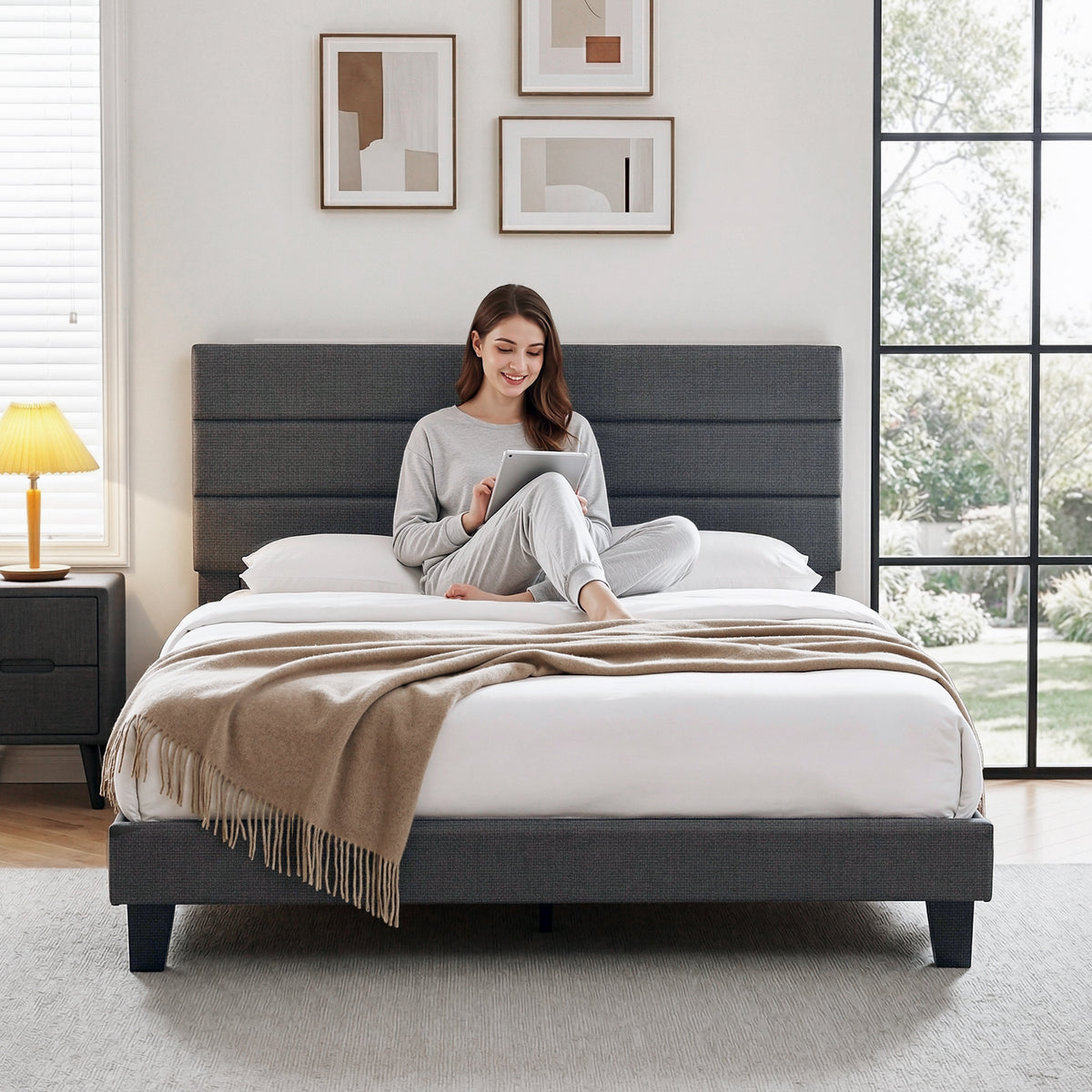 King Bed Frame | Upholstered Platform | Geometric Headboard | Charcoal Grey Linen