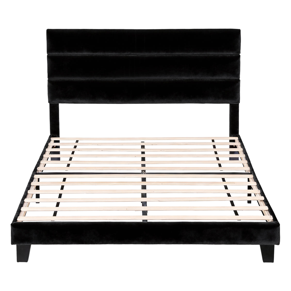 Queen Bed Frame | Upholstered Platform | Geometric Headboard | Black Velvet
