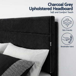 Queen Bed Frame | Upholstered Platform | Geometric Headboard | Black Velvet