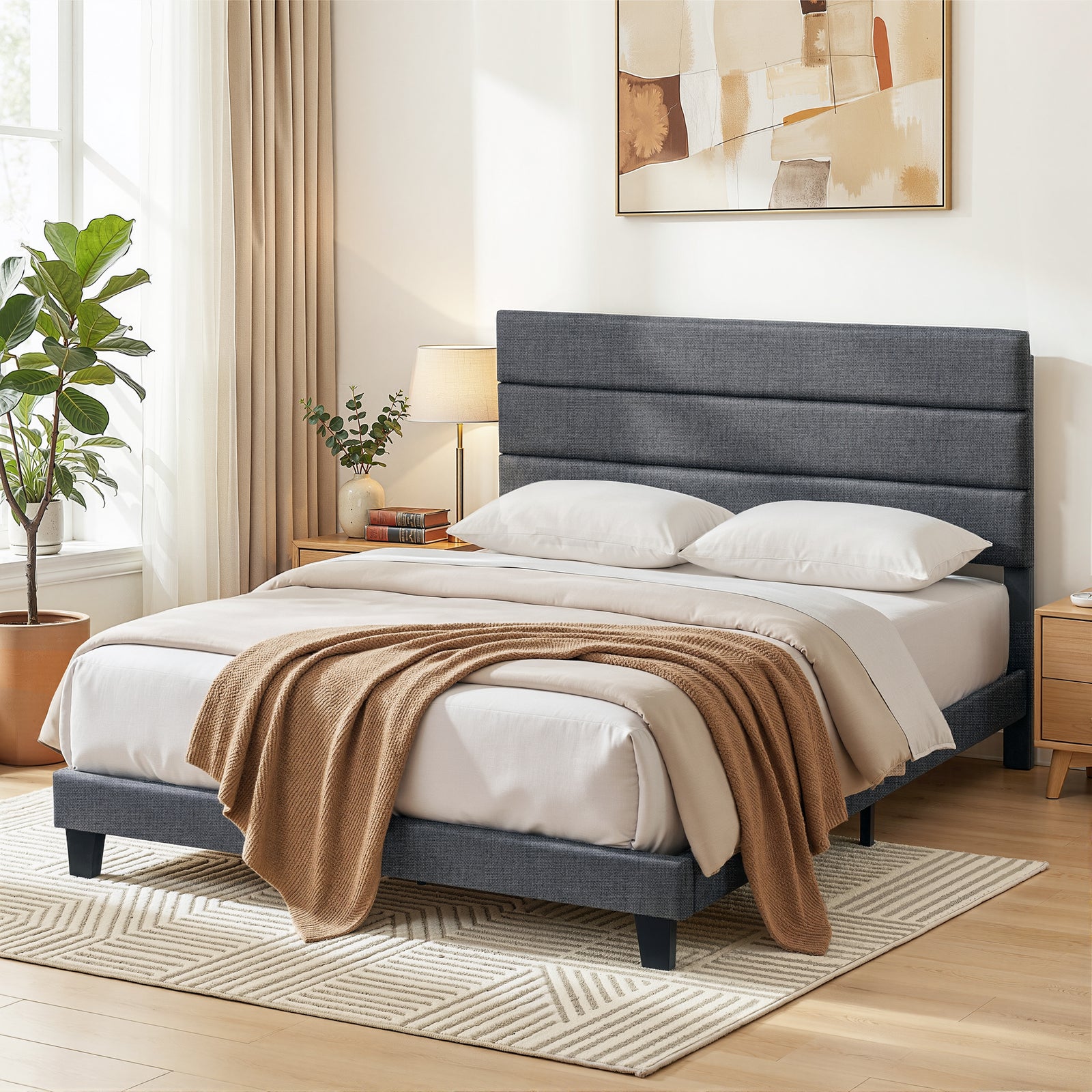 Queen Bed Frame | Upholstered Platform | Geometric Headboard | Charcoal Grey Linen
