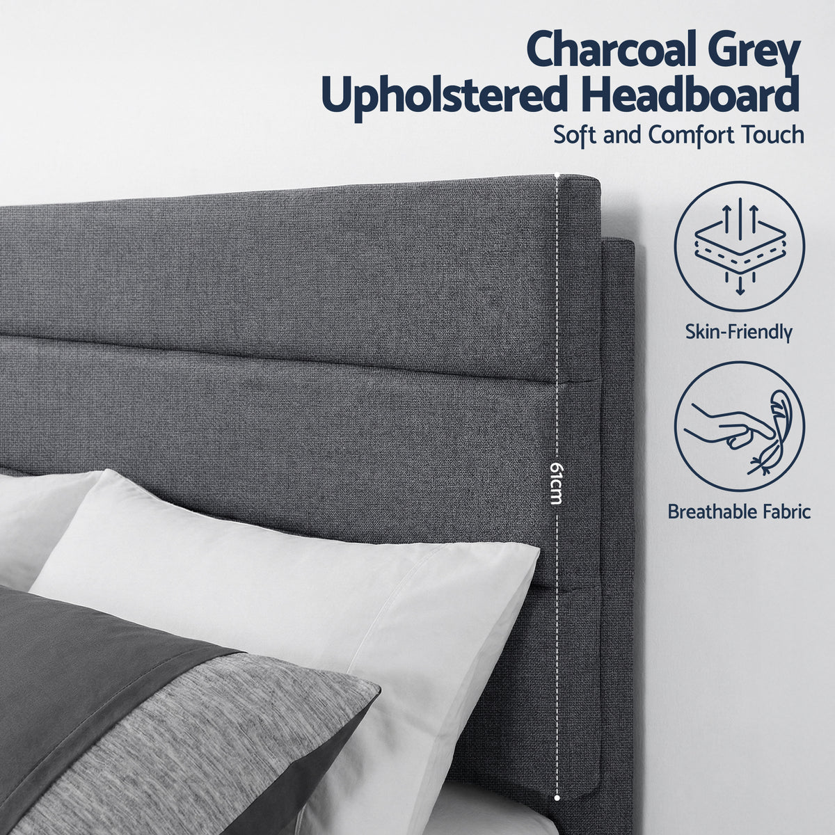 Queen Bed Frame | Upholstered Platform | Geometric Headboard | Charcoal Grey Linen