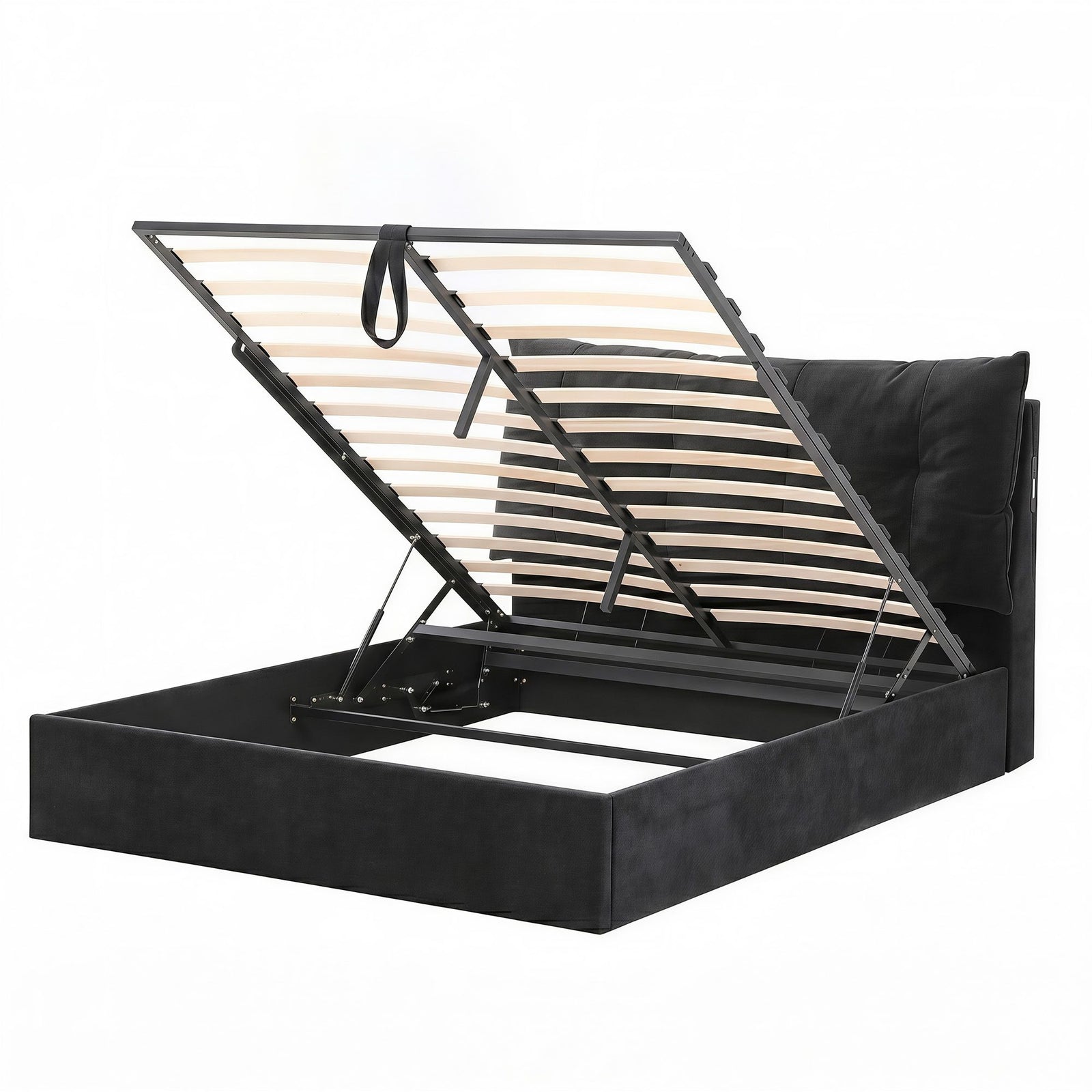 Queen Bed Frame | Black Velvet Gas Lift Storage with LED Light & USB-C