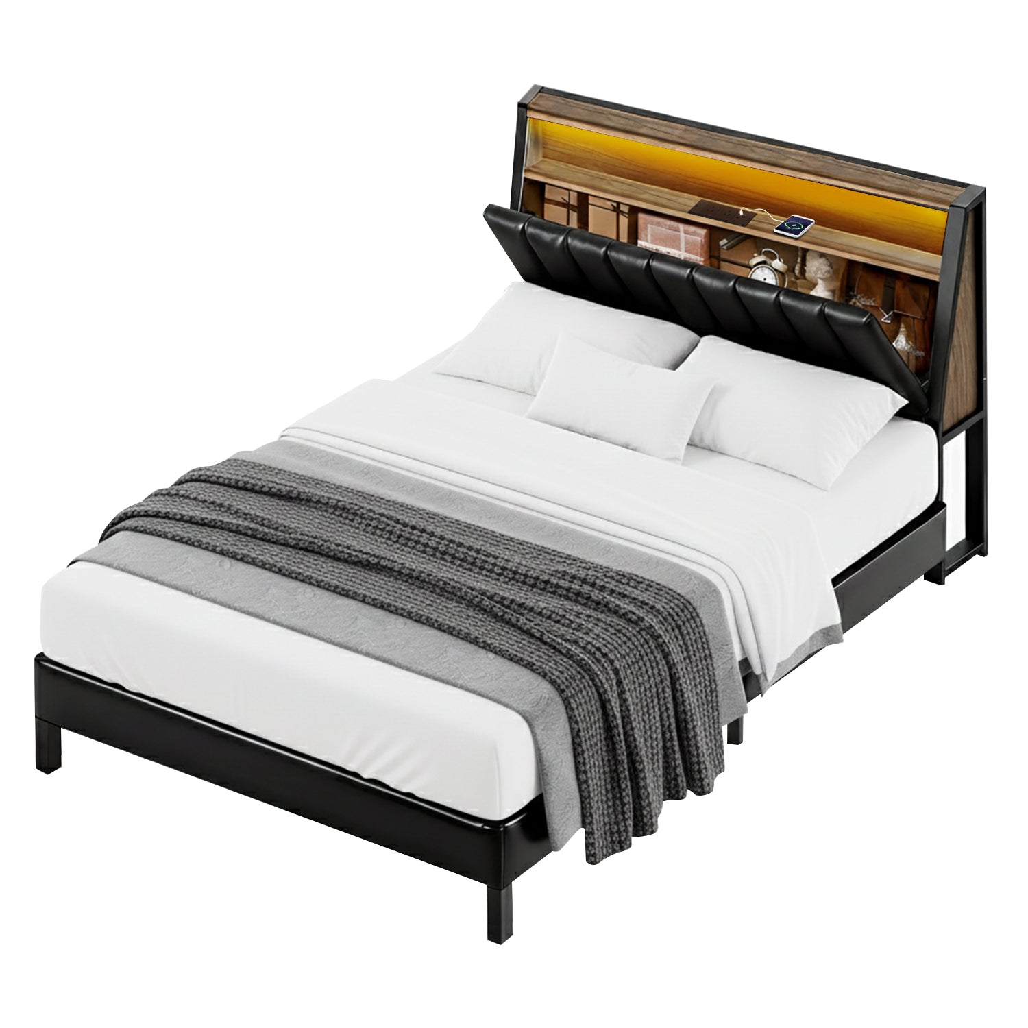 Double Bed Frame | LED Storage Headboard | Charging Station | Black