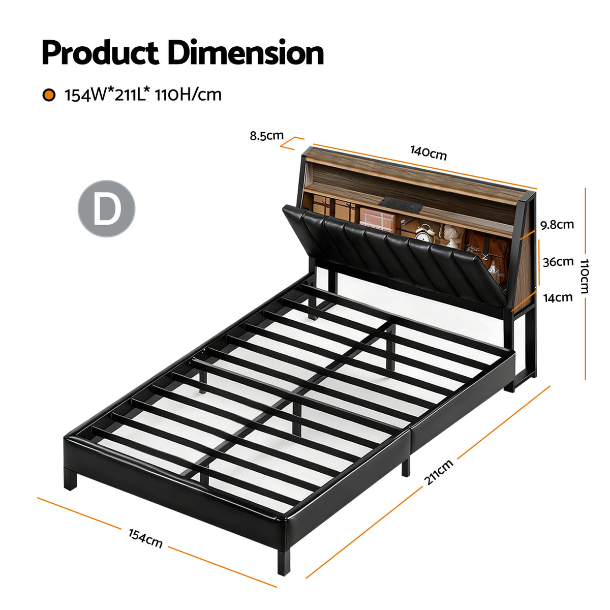 Double Bed Frame | LED Storage Headboard | Charging Station | Black