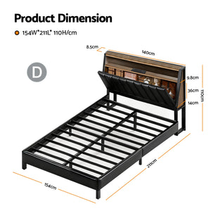 Double Bed Frame | LED Storage Headboard | Charging Station | Black