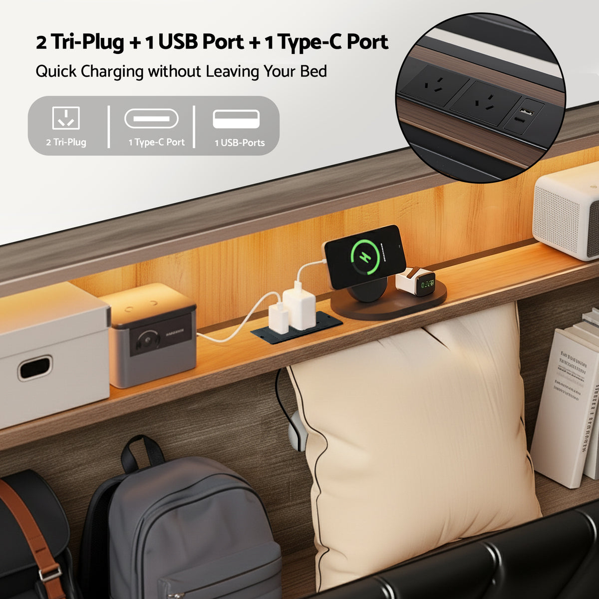Double Bed Frame | LED Storage Headboard | Charging Station | Black
