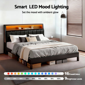 Double Bed Frame | LED Storage Headboard | Charging Station | Black