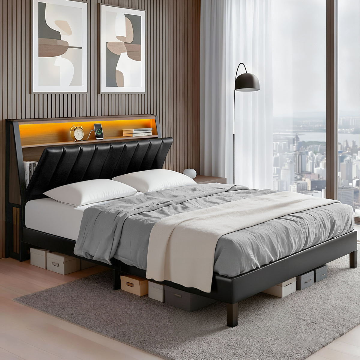 Double Bed Frame | LED Storage Headboard | Charging Station | Black