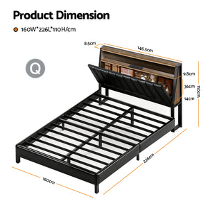 Queen Bed Frame | LED Storage Headboard | Charging Station | Black