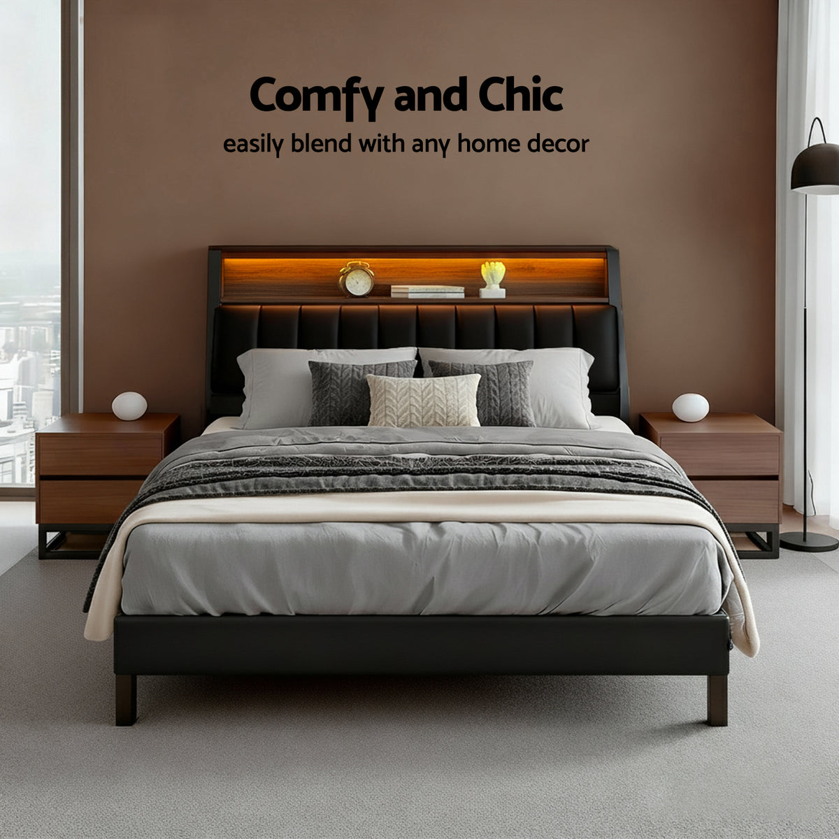 Queen Bed Frame | LED Storage Headboard | Charging Station | Black