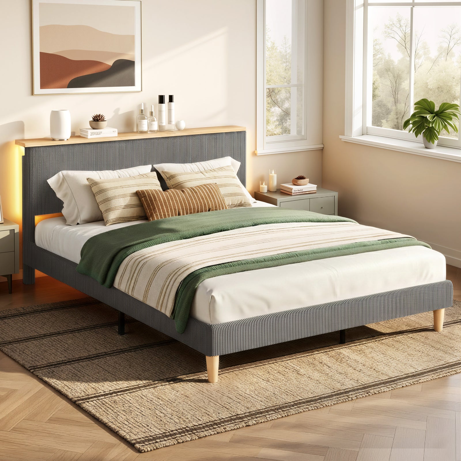 Double Bed Frame | Adjustable Headboard | Mood Lighting | Grey Velvet