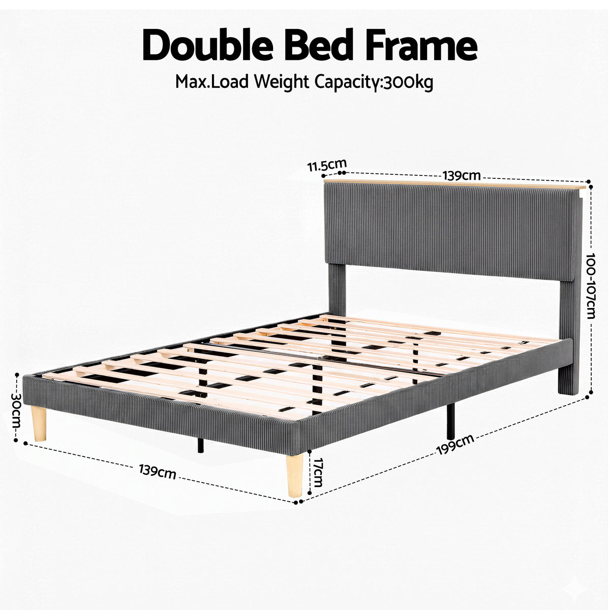 Double Bed Frame | Adjustable Headboard | Mood Lighting | Grey Velvet