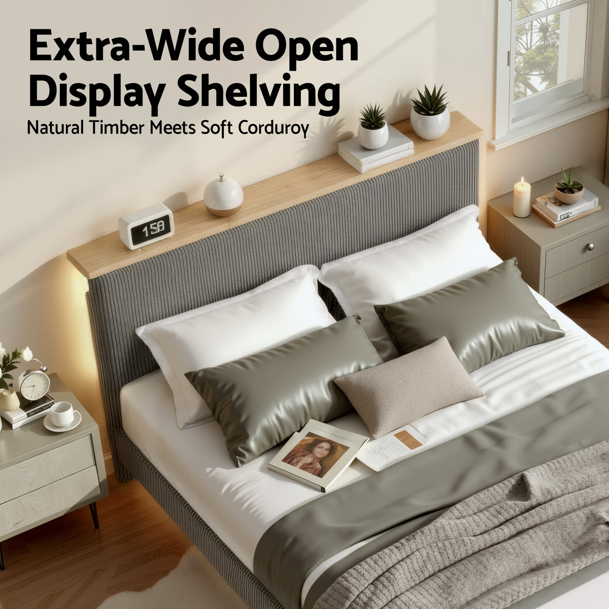 Double Bed Frame | Adjustable Headboard | Mood Lighting | Grey Velvet