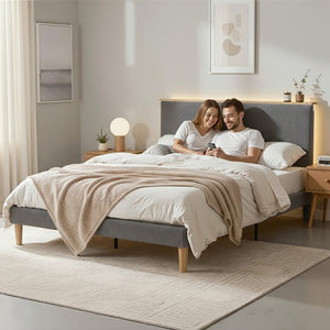 Double Bed Frame | Adjustable Headboard | Mood Lighting | Grey Velvet