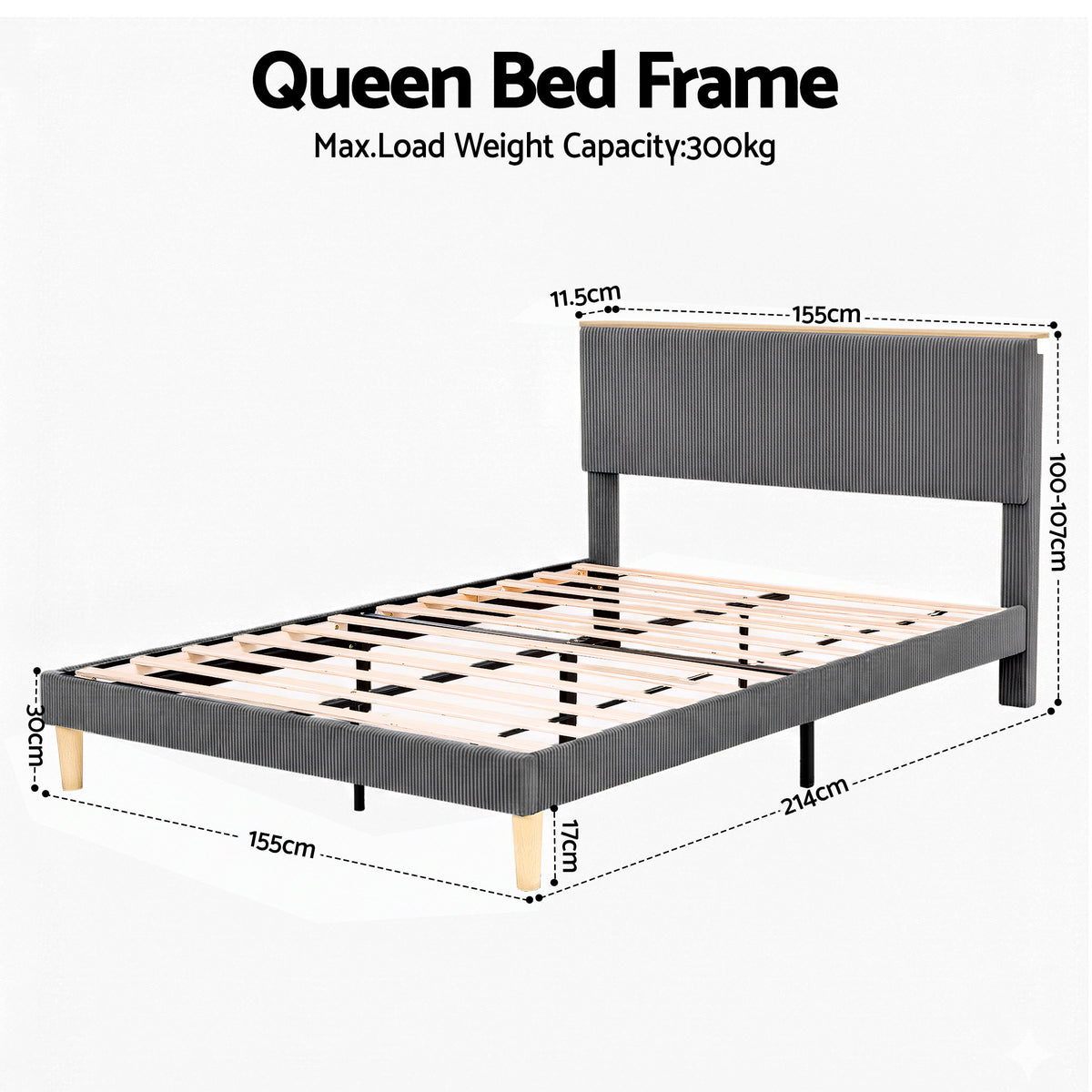 Queen Bed Frame | Adjustable Headboard | Mood Lighting | Grey Velvet