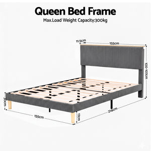 Queen Bed Frame | Adjustable Headboard | Mood Lighting | Grey Velvet