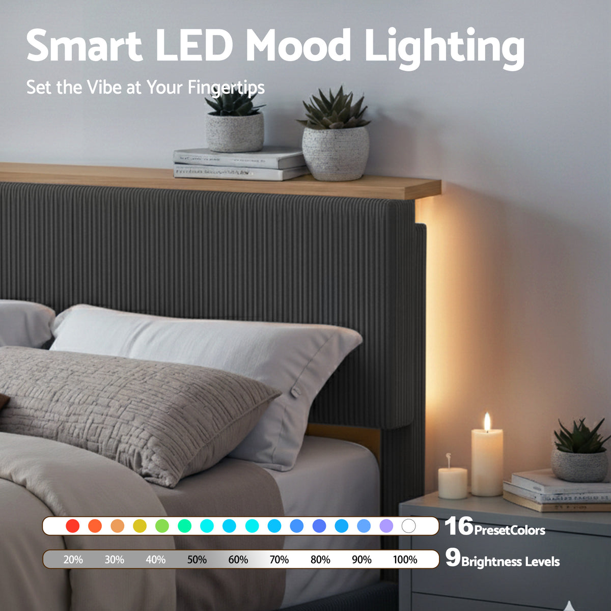 Queen Bed Frame | Adjustable Headboard | Mood Lighting | Grey Velvet