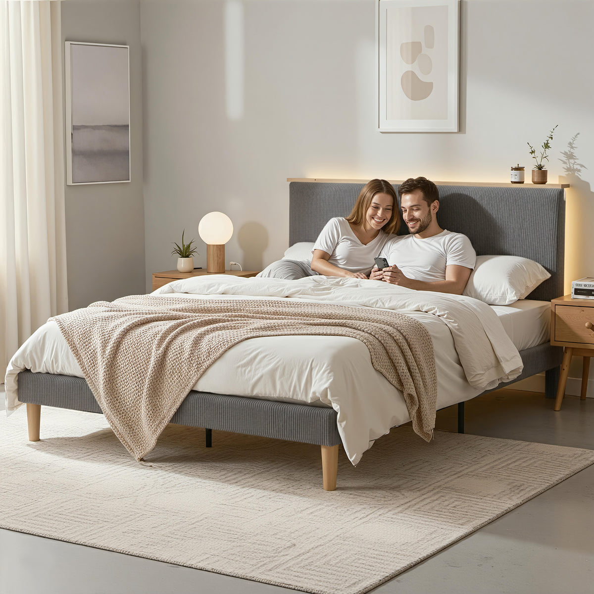 Queen Bed Frame | Adjustable Headboard | Mood Lighting | Grey Velvet