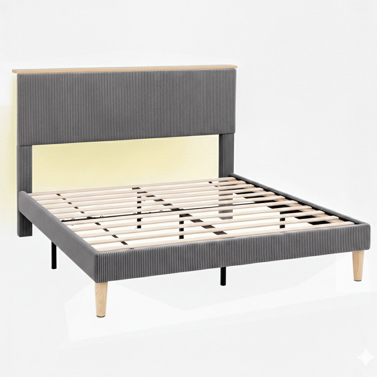 Queen Bed Frame | Adjustable Headboard | Mood Lighting | Grey Velvet