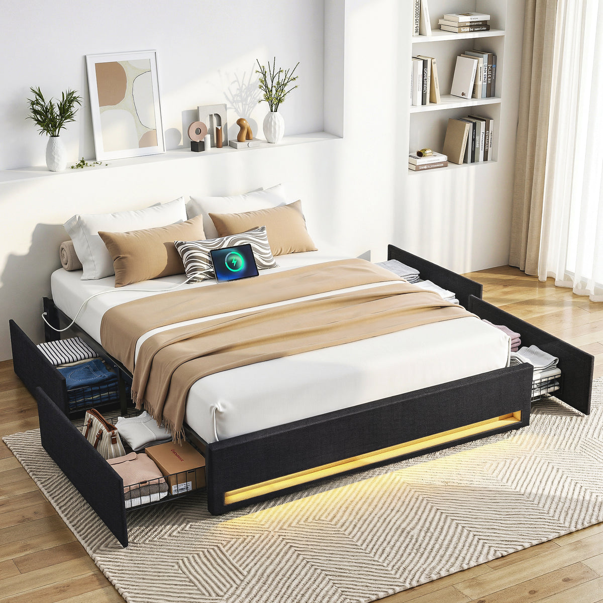 Double Bed Frame | Storage Drawers | RGB Lights | Charging Station | Upholstered
