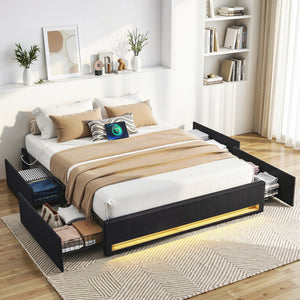 Double Bed Frame | Storage Drawers | RGB Lights | Charging Station | Upholstered