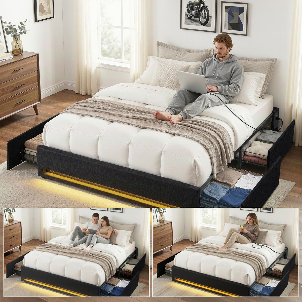 Double Bed Frame | Storage Drawers | RGB Lights | Charging Station | Upholstered