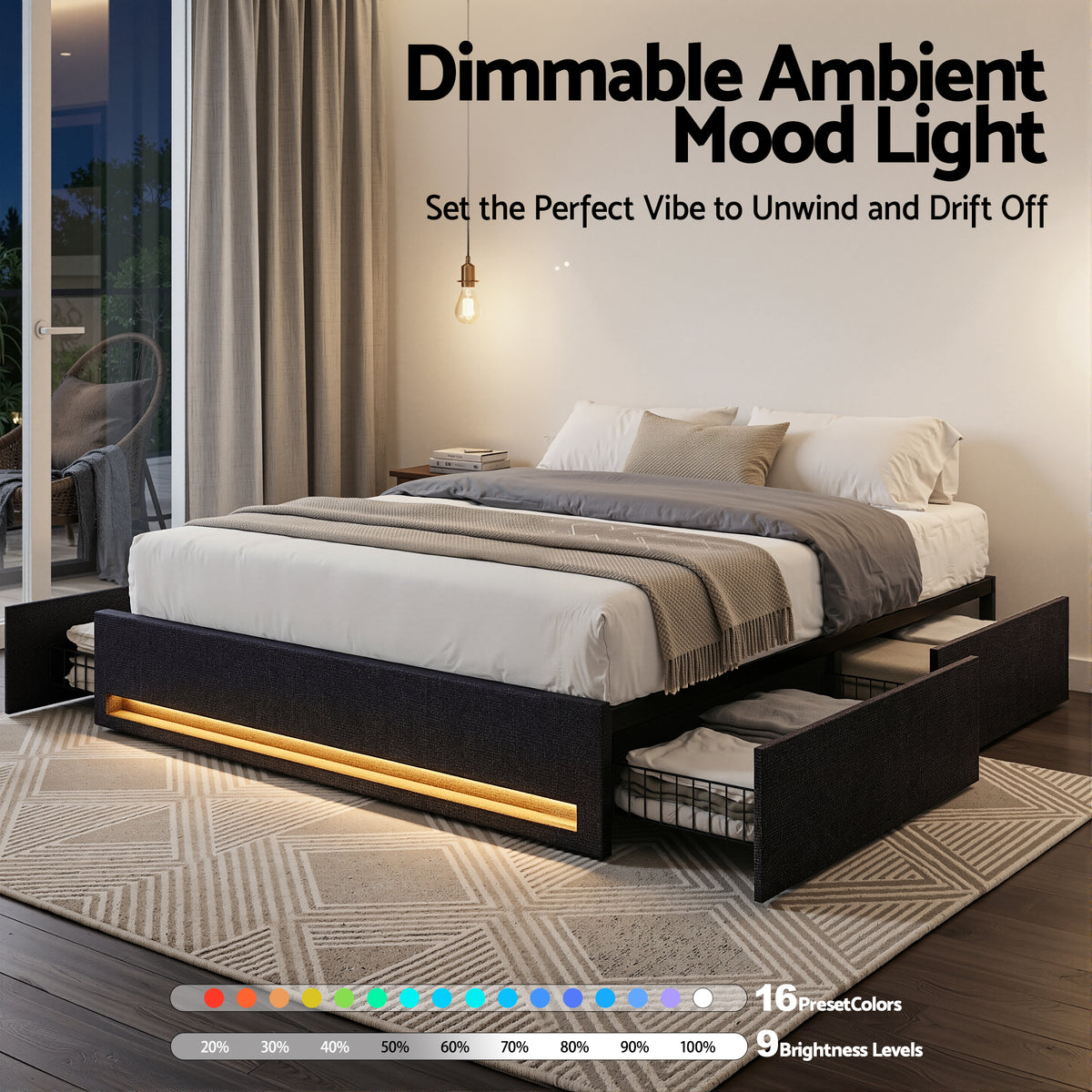 Double Bed Frame | Storage Drawers | RGB Lights | Charging Station | Upholstered