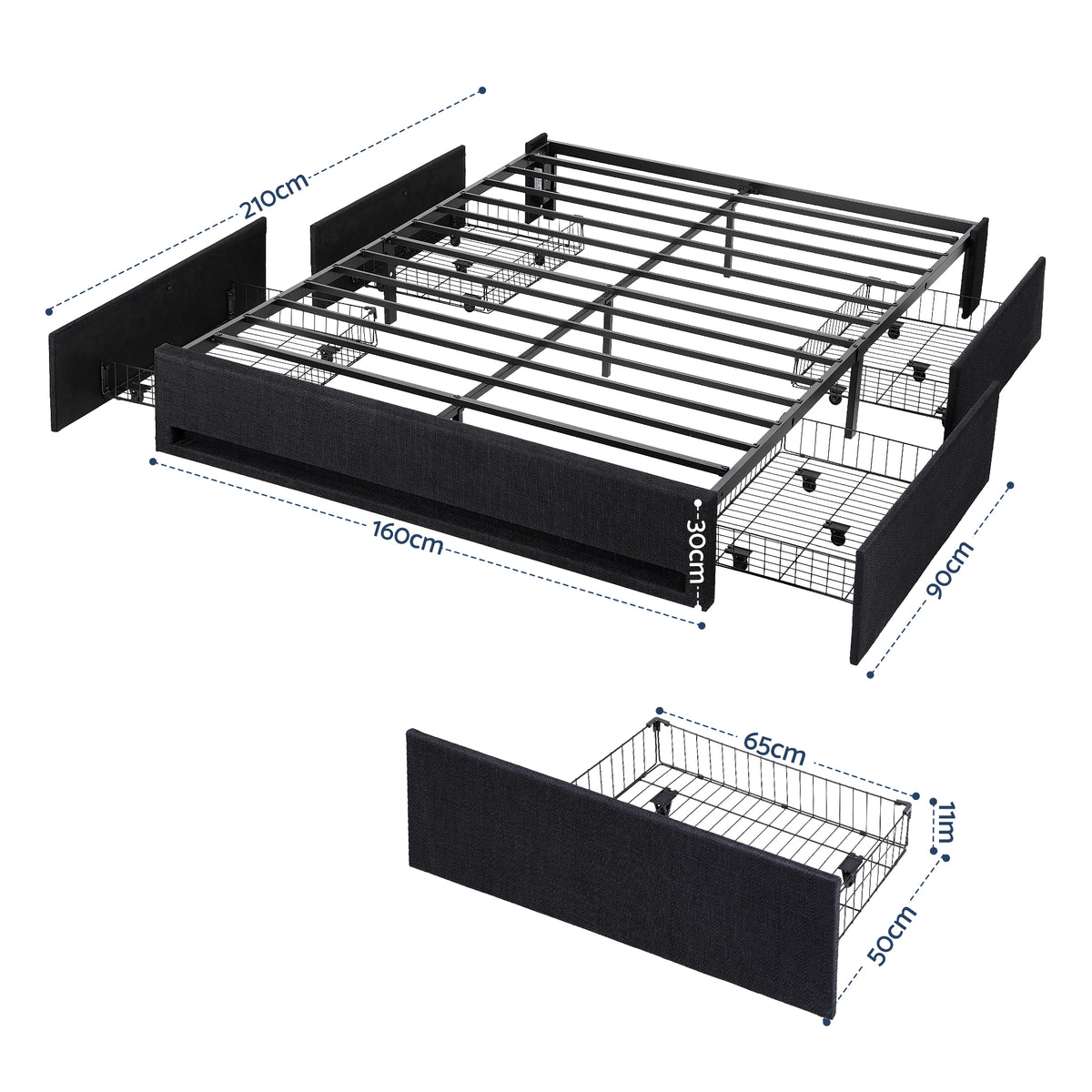 Queen Bed Frame | Storage Drawers | RGB Lights | Charging Station | Upholstered