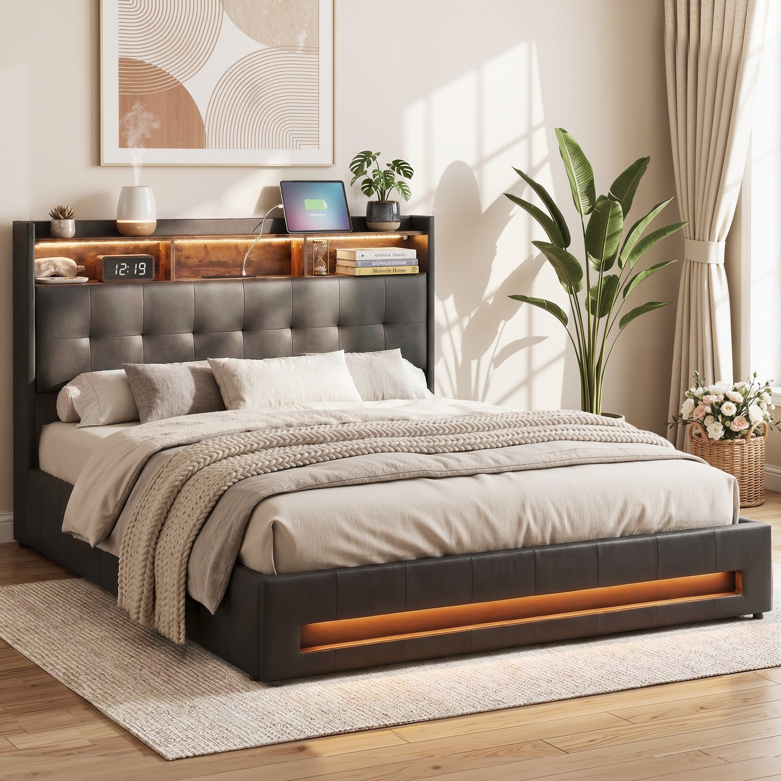 Queen Bed Frame | Gas Lift Storage, LED Lights & Charging Station