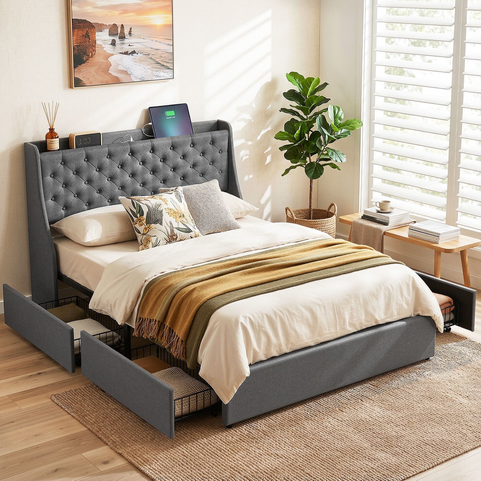 Double Bed Frame | 4 Storage Drawers & Charging Station | Charcoal Grey