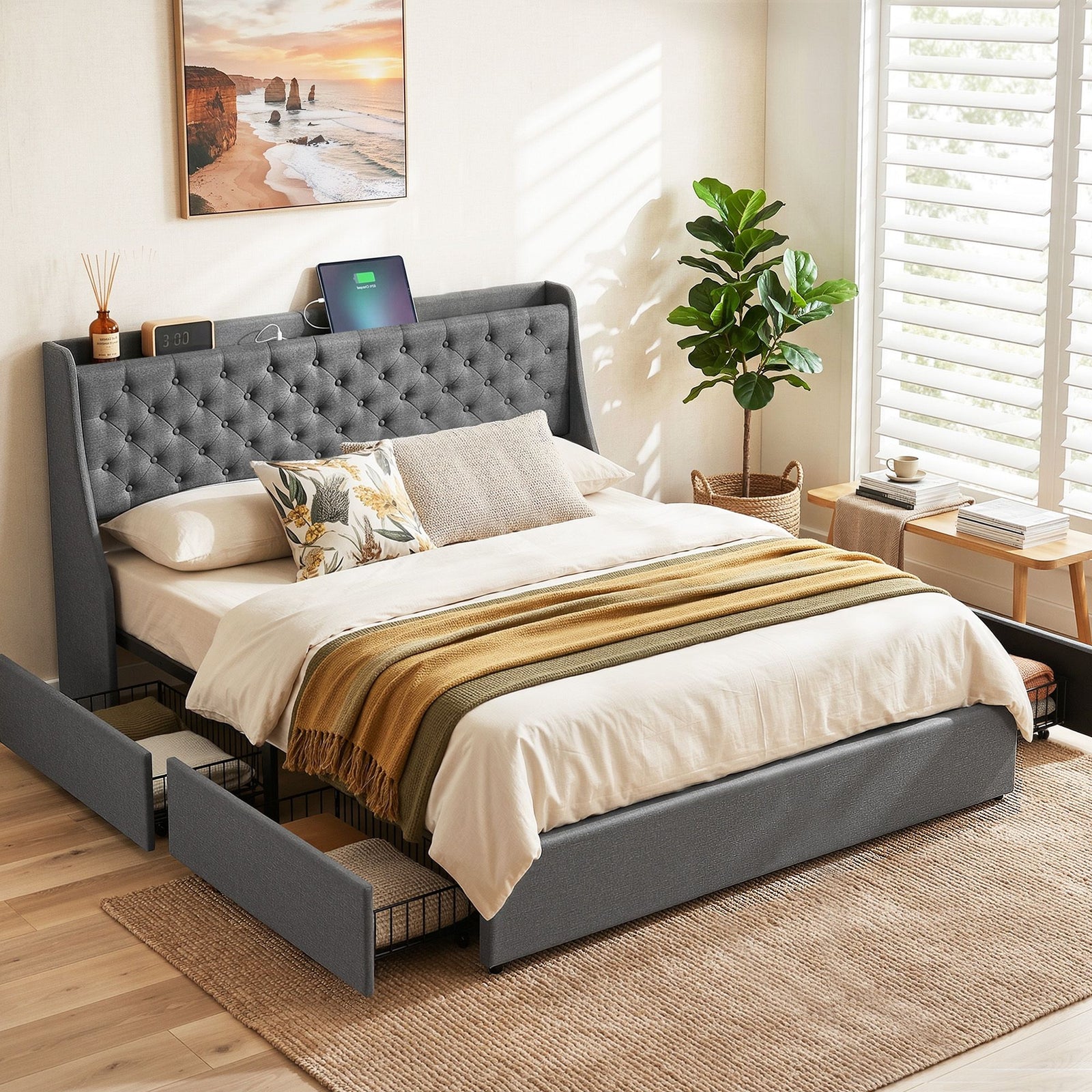King Bed Frame | 4 Storage Drawers & Charging Station | Charcoal Grey