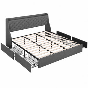 Artiss King Bed Frame with 4 Storage Drawers and Charging Station Tufted Wingback Headboard 300kg Loads Charcoal Grey