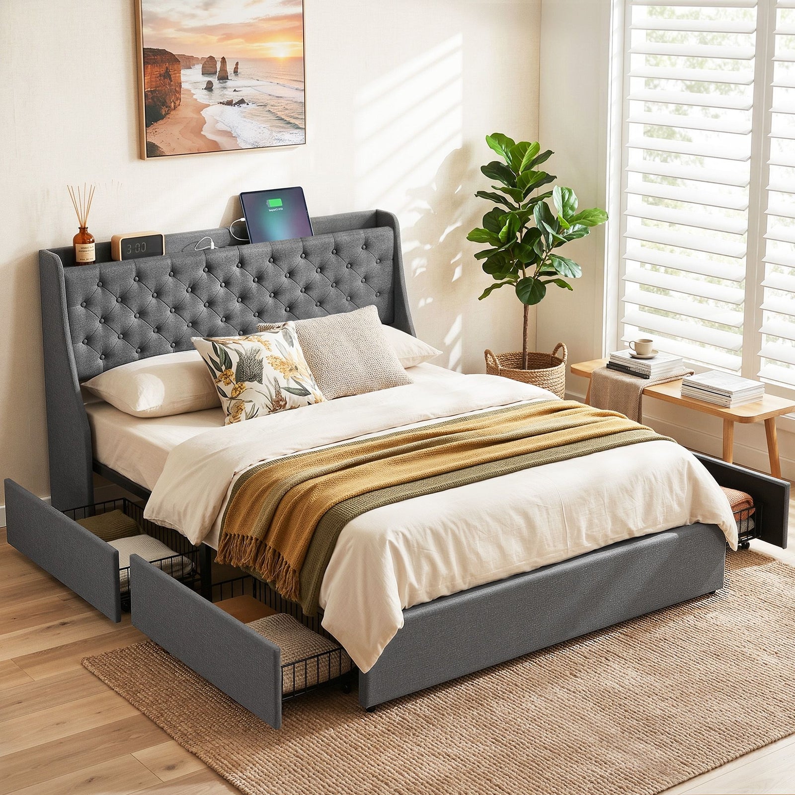 Queen Bed Frame | 4 Storage Drawers & Charging Station | Charcoal Grey