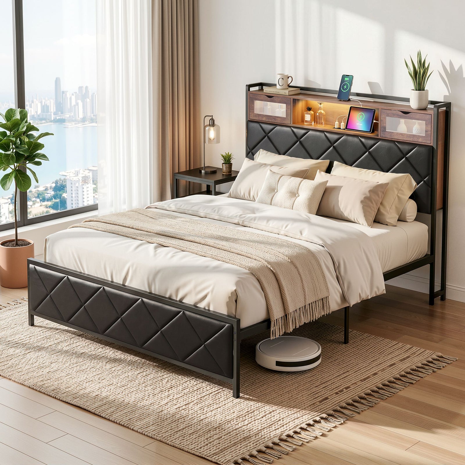 Double Bed Frame | LED Storage Headboard with USB & AC Outlets