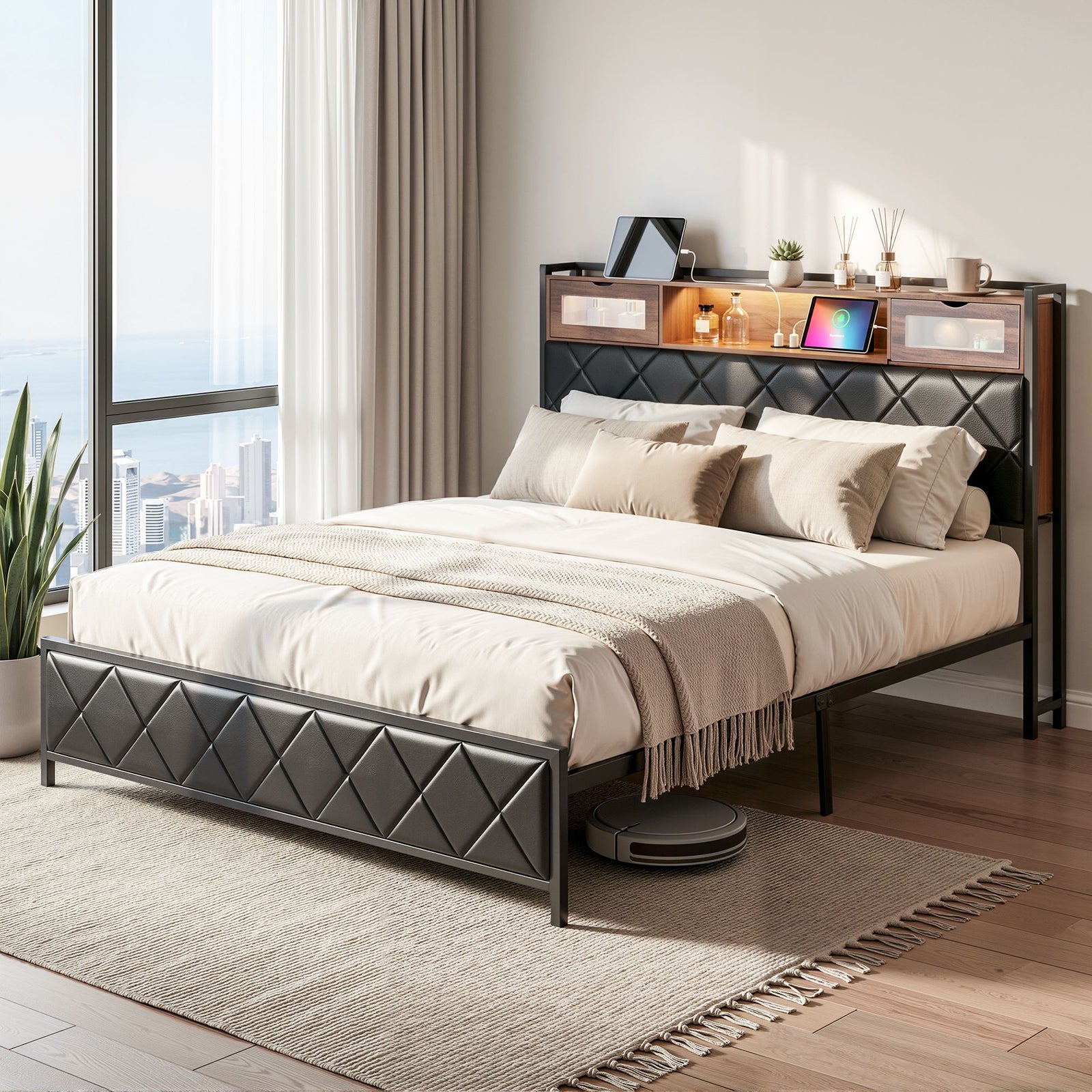 King Bed Frame | LED Lights, Storage Headboard & Charging Station