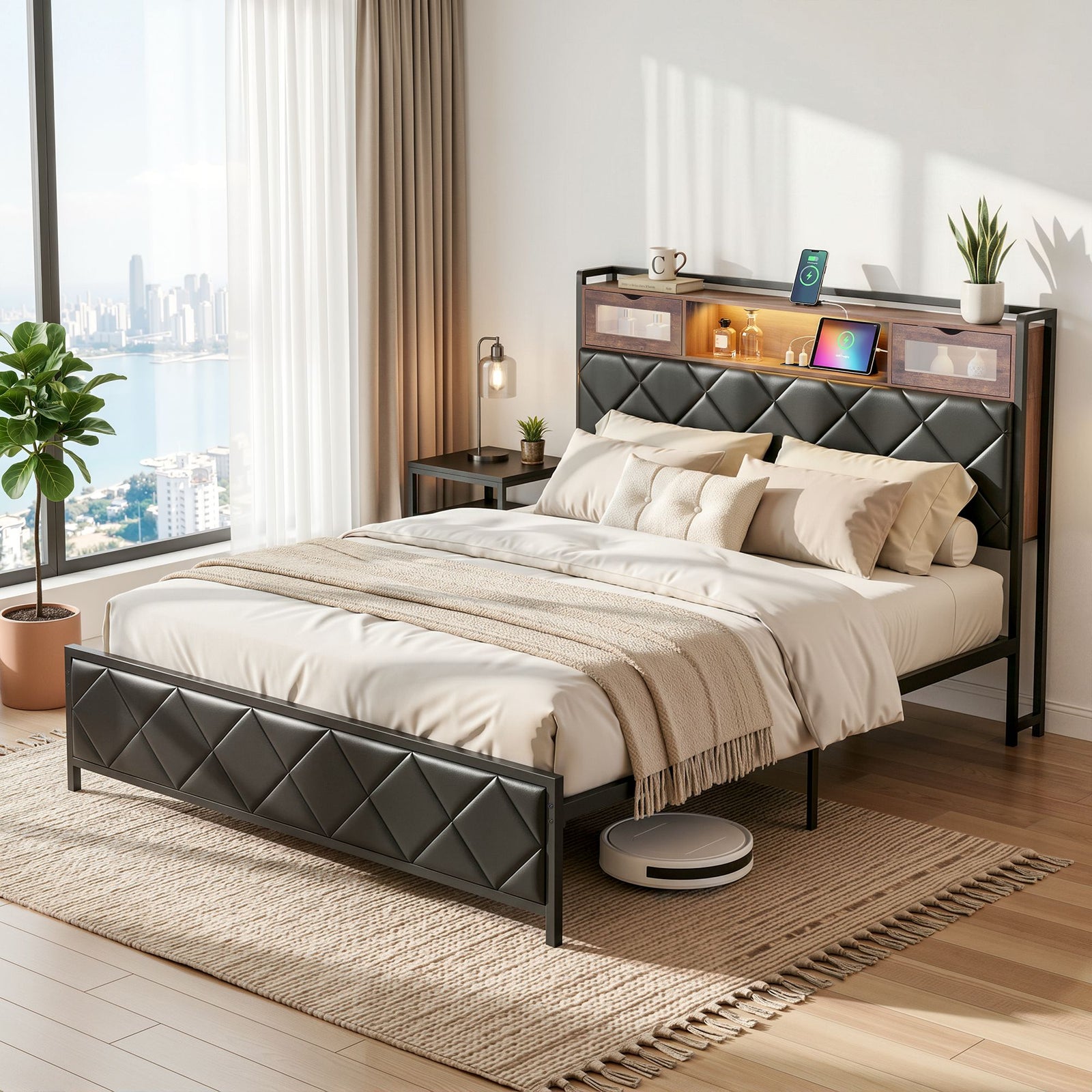 Queen Bed Frame | LED Lights, Storage Headboard & Charging Station