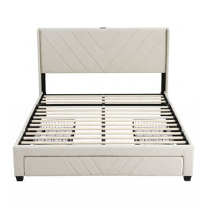 Artiss Double Bed Frame with Charging Station and Storage Drawers Beige 300KG Noise Free