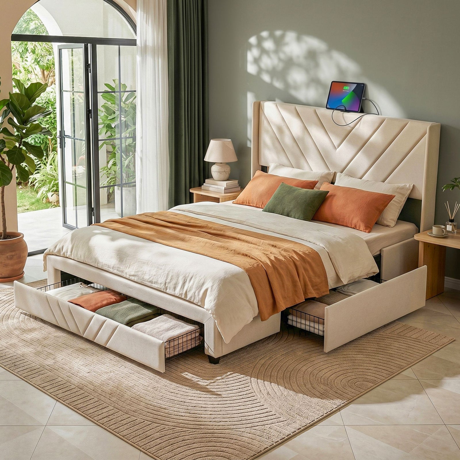 King Bed Frame | Storage Drawers & Charging Station | Beige