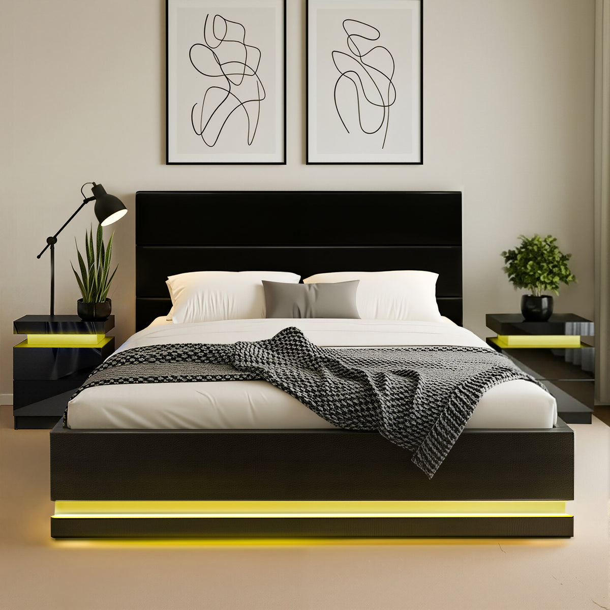RGB LED Queen Bed Frame Set | 16 Colour Mood Lighting | Includes 2 Bedside Tables