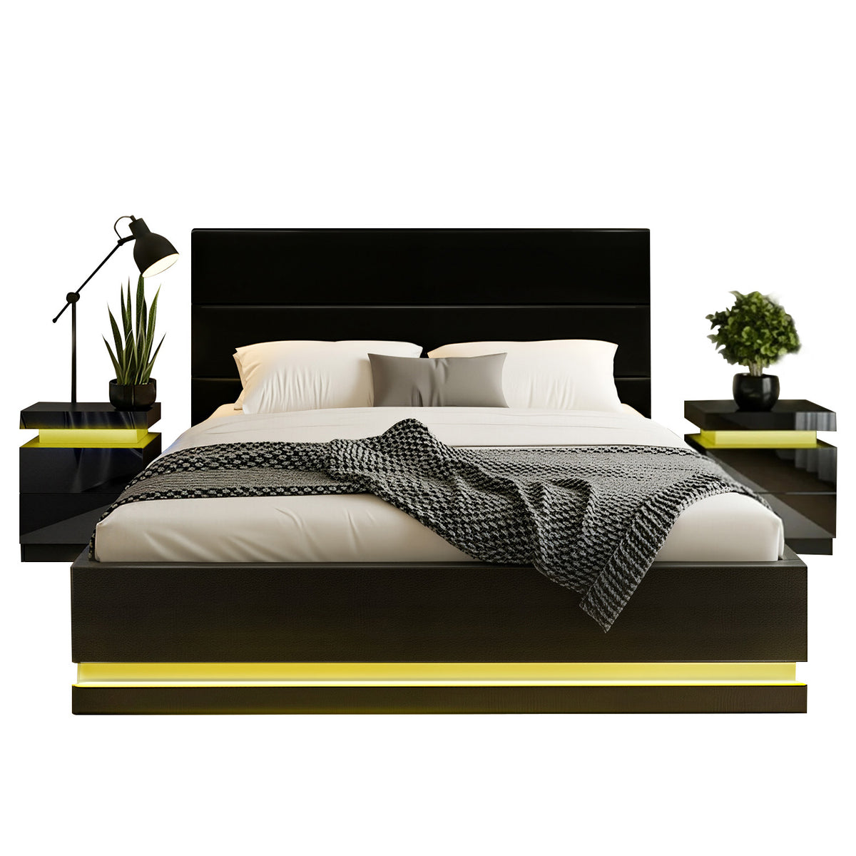 RGB LED Queen Bed Frame Set | 16 Colour Mood Lighting | Includes 2 Bedside Tables