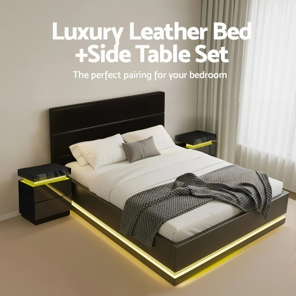 RGB LED Queen Bed Frame Set | 16 Colour Mood Lighting | Includes 2 Bedside Tables