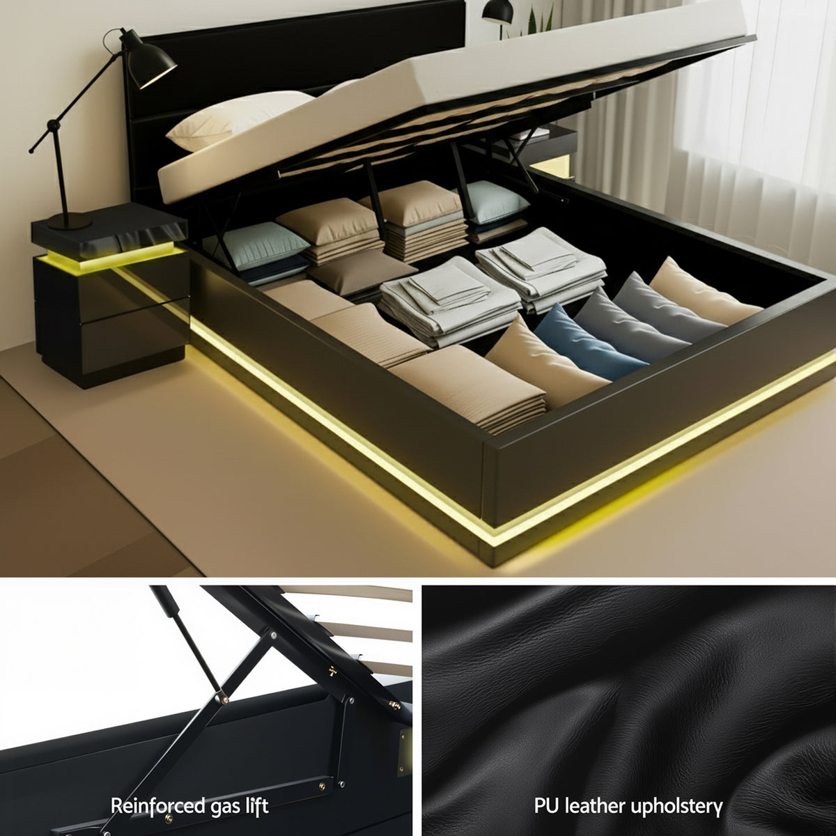 RGB LED Queen Bed Frame Set | 16 Colour Mood Lighting | Includes 2 Bedside Tables