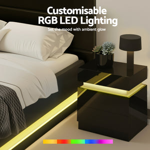 RGB LED Queen Bed Frame Set | 16 Colour Mood Lighting | Includes 2 Bedside Tables