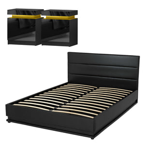 RGB LED Queen Bed Frame Set | 16 Colour Mood Lighting | Includes 2 Bedside Tables