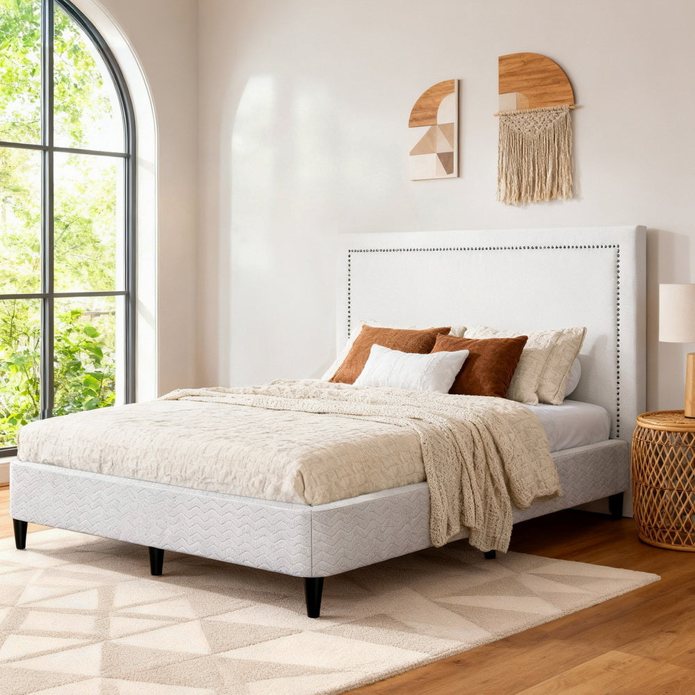 Queen Bed Frame | Fabric Headboard | Metal Platform Base | Grey Beige